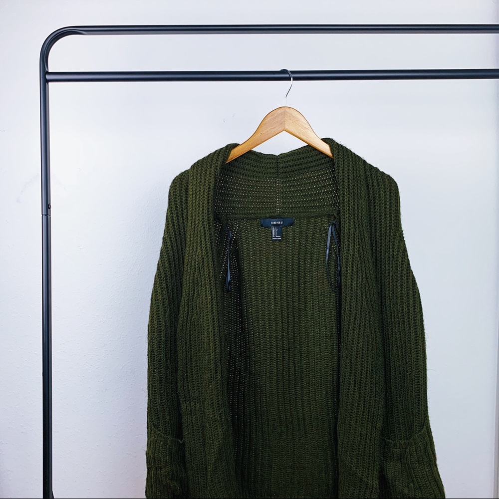 Forever 21 Open Front Long Cardigan Green Small